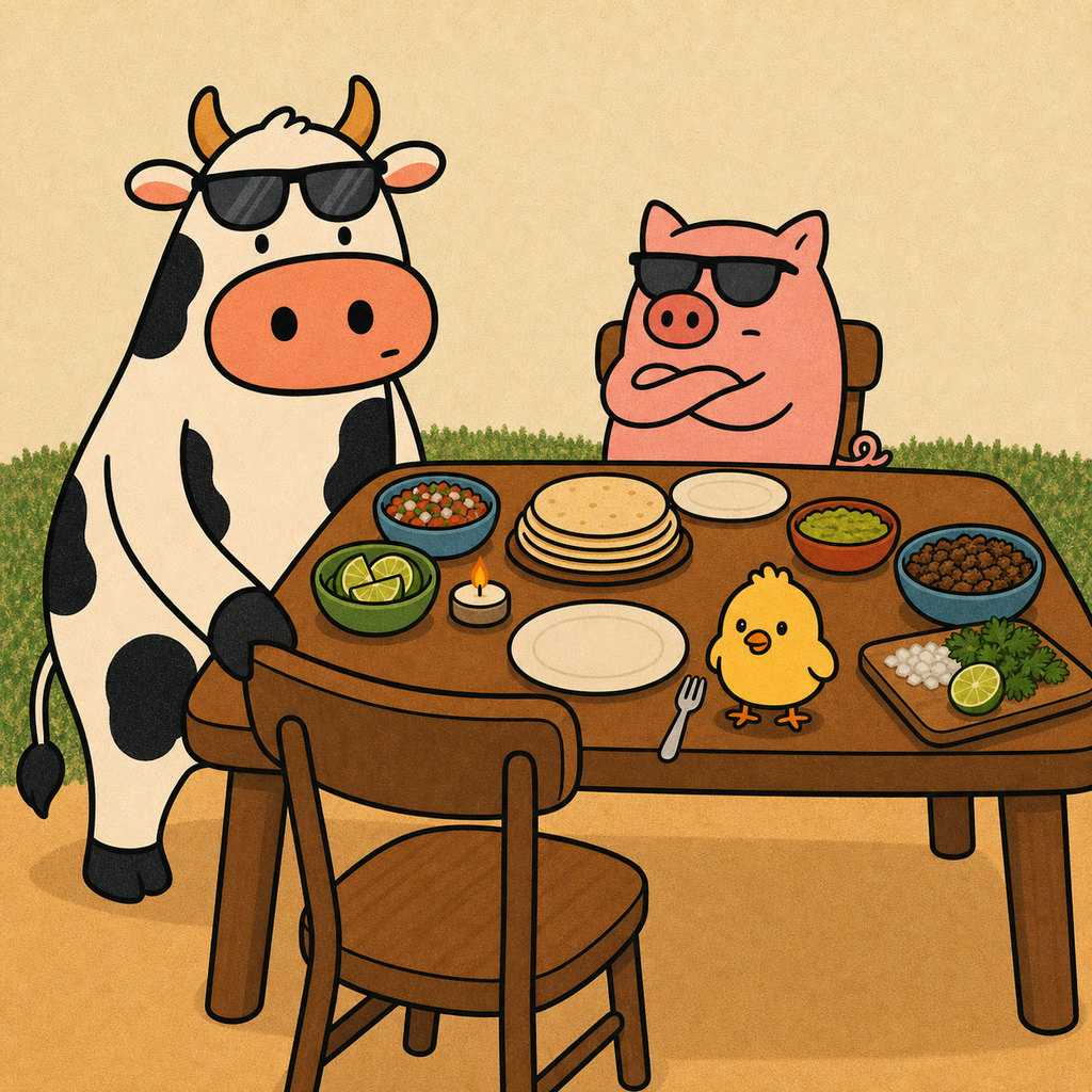 Terra Madre's cow, pig, and chick seated at a taco-night dinner table