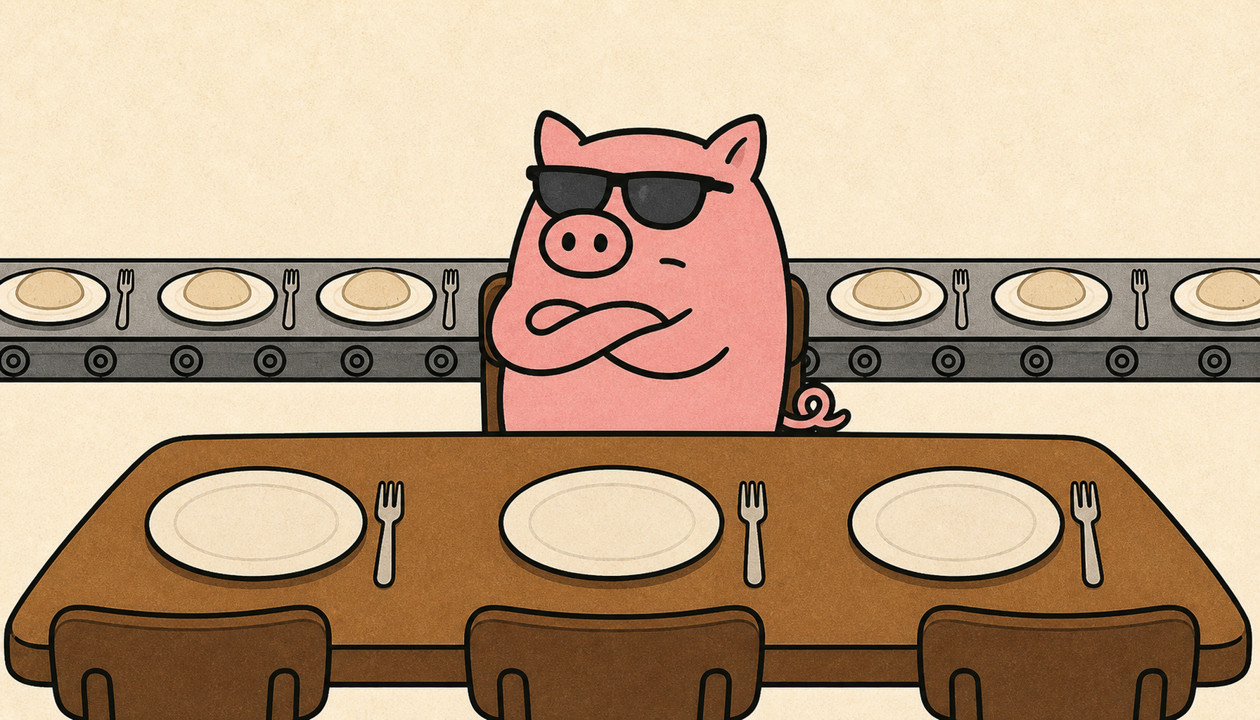 Terra Madre pig at the head of the table, arms crossed, watching a conveyor of identical default dinners